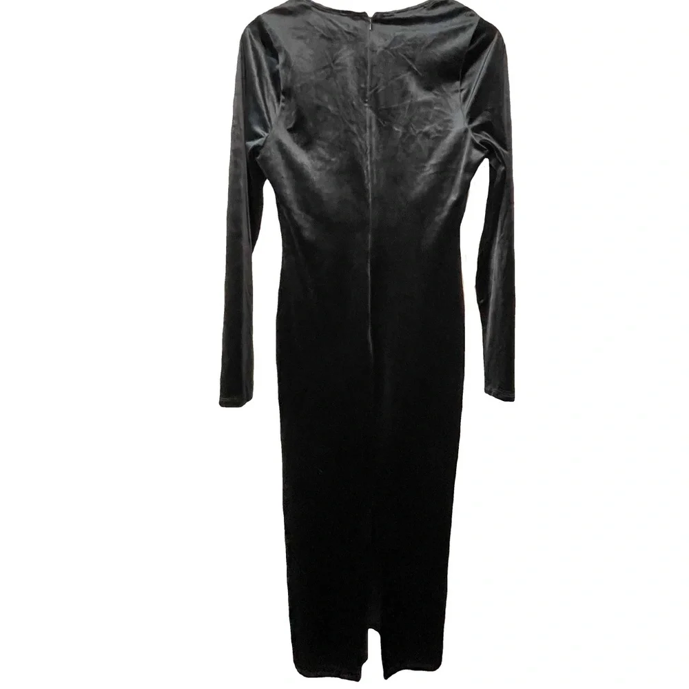 GOOD AMERICAN Black Velvet V-Neck Midi‎ Bodycon Dress